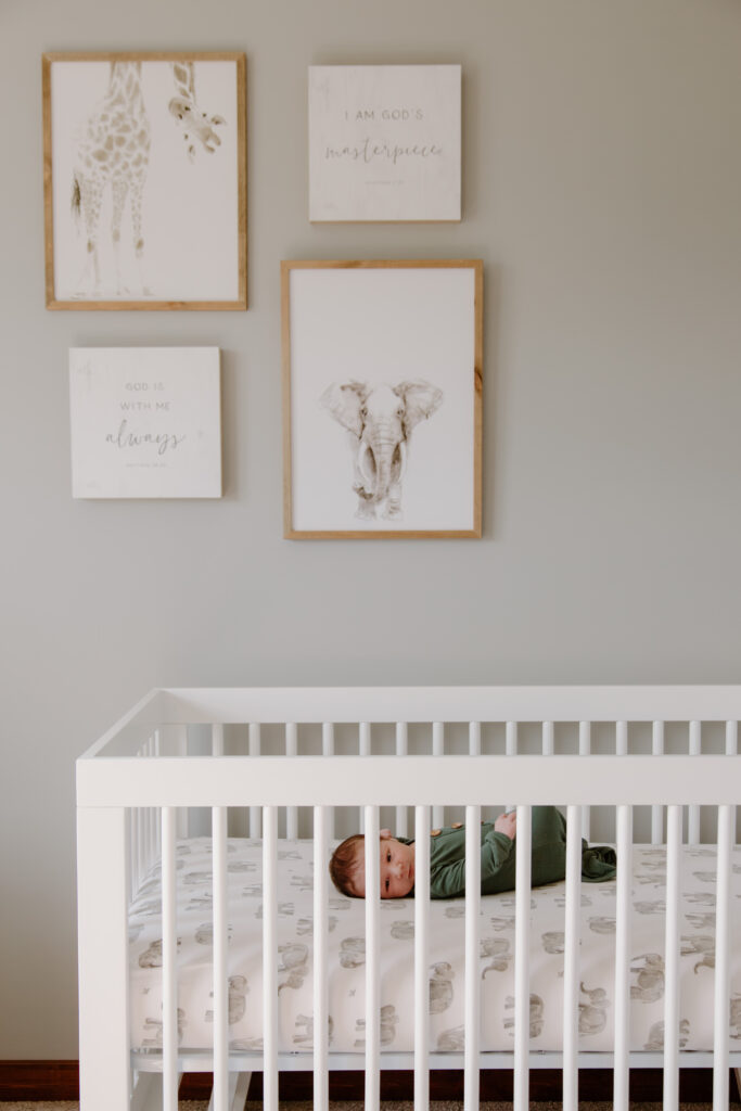 Baby crib and nursery details during an in-home newborn photography session.