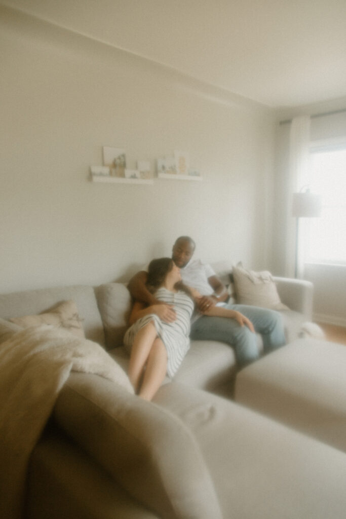 Natural maternity portrait with soft window light in a Grand Rapids home.