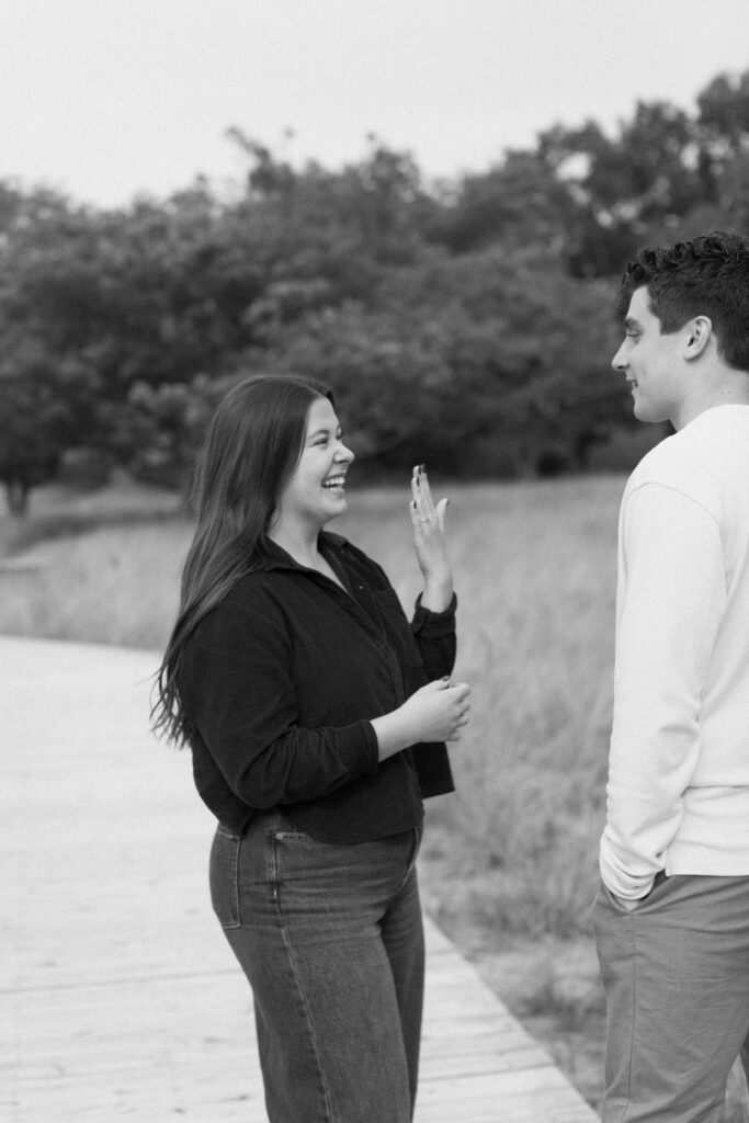 Joyful engagement portraits at Rosy Mound Natural Area.