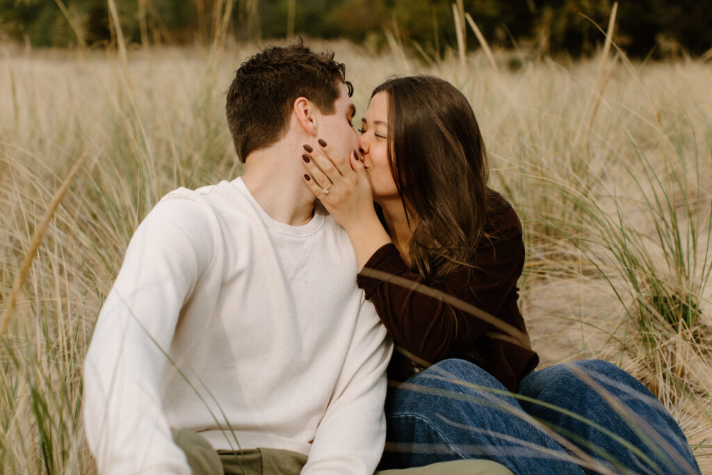 Rosy Mound, Lake Michigan, West Michigan, newly engaged couple, surprise proposal, engagement ring, Lake Michigan shoreline